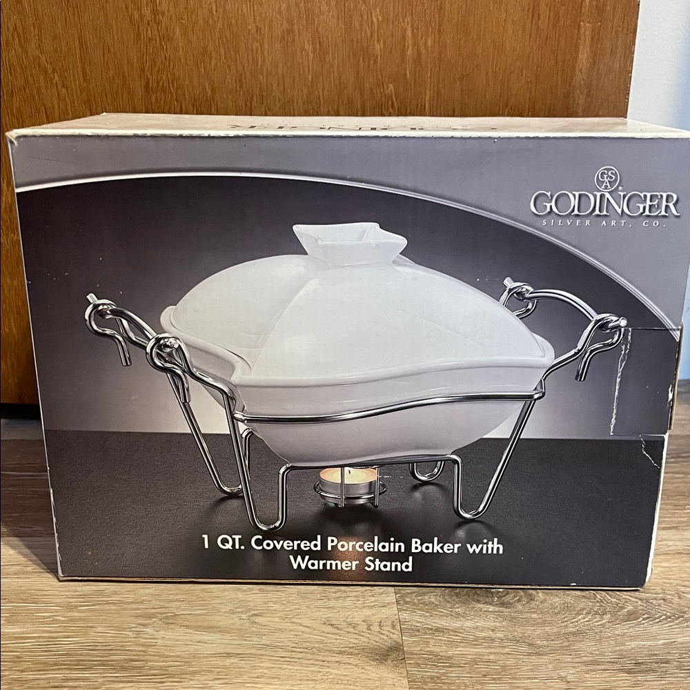 🆕 Godinger Porcelain Baker with Silver Stand 1 QT - Covered